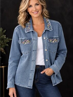 Tribal Jeans Beaded Denim Shirt Jacket Size M
